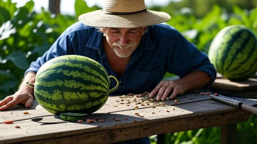 : "Gardener inspecting ripe watermelons and seeds with gardening tools on a wooden table." 