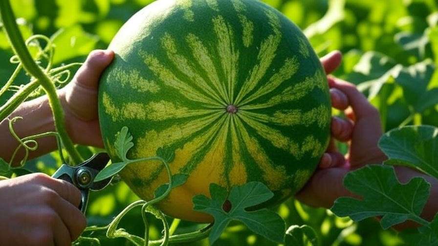 Gardener harvesting ripe yellow watermelon with pruning shears
