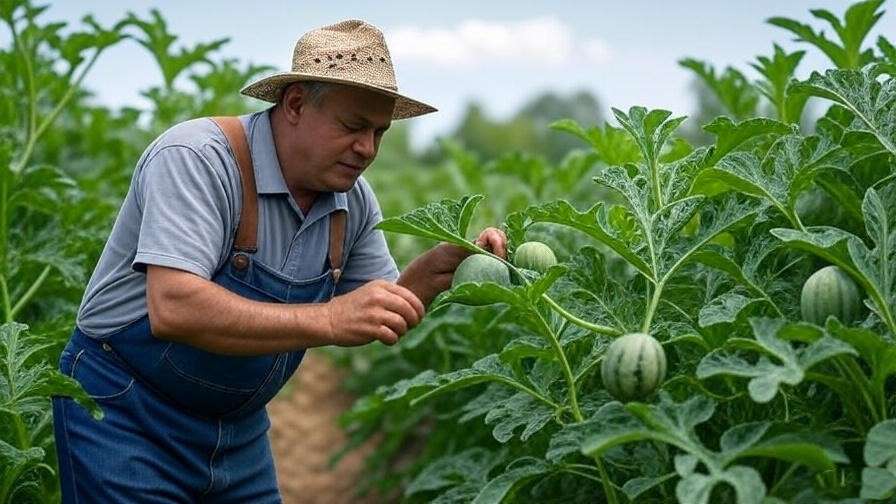 Farmer inspecting purple watermelon plants with organic pest control tools in a diverse garden. 