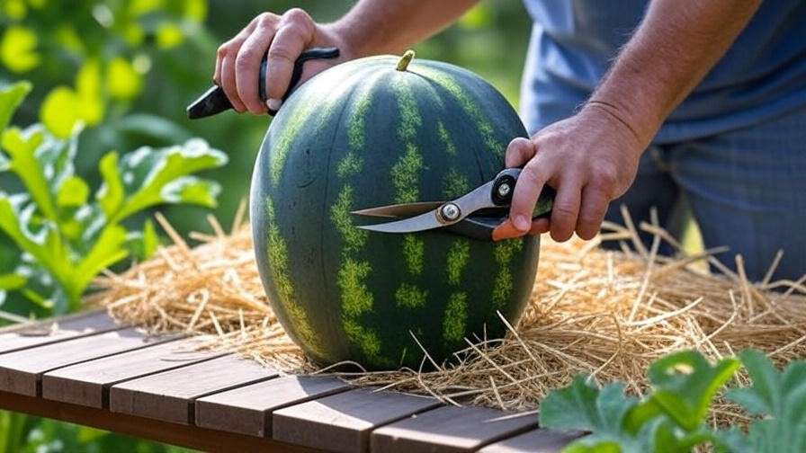 Harvested blue watermelon with gardener using pruning shears" 