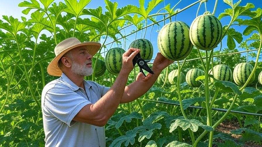 Gardener pruning colorful watermelon vines on a trellis with supported fruit in a thriving garden