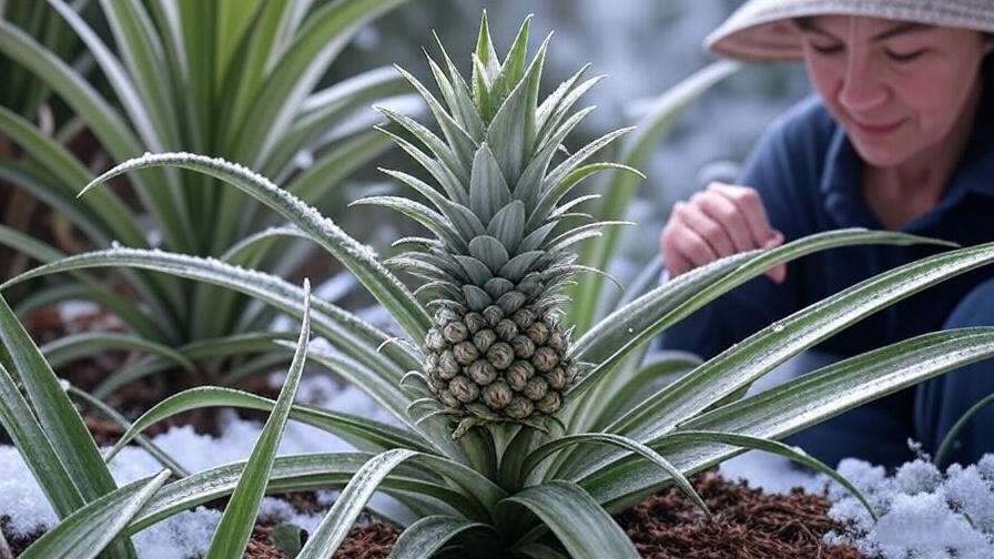 Watermelon pineapple plant covered with frost blanket in winter garden."