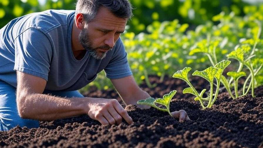 "Gardener testing soil with pH kit near stunted Jubilee watermelon plants with yellow leaves."
