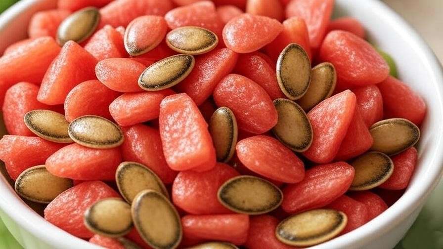 Illustration of a healthy gut microbiome with a bowl of roasted watermelon seeds." 