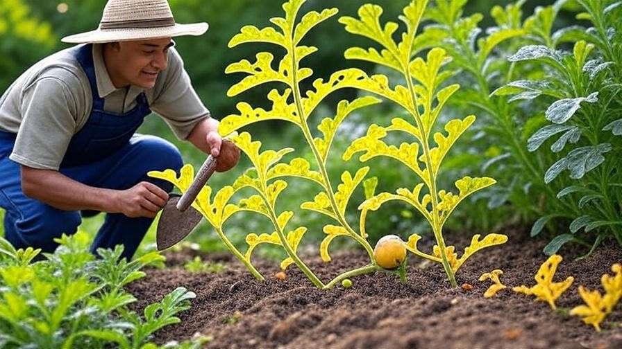 Gardener inspecting yellow watermelon plant with yellowing leaves