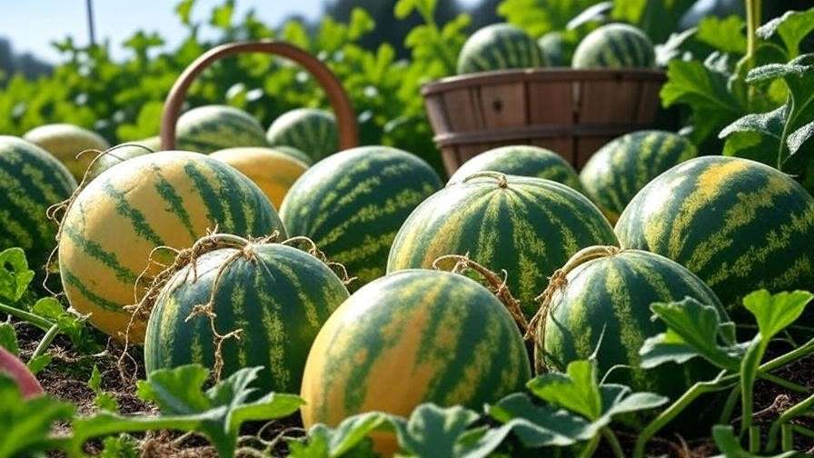 Ripe colorful watermelons with yellow belly and dried tendril in a garden bed ready for harvest." 