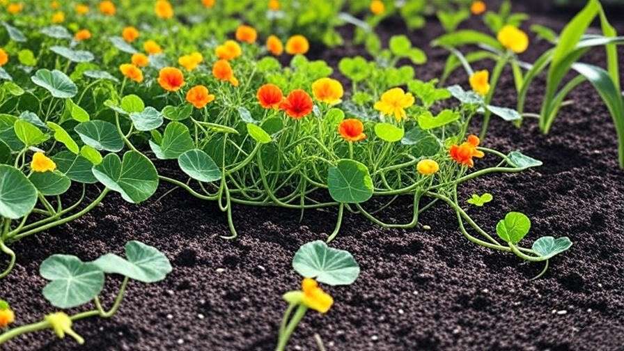Jubilee watermelon vines growing with nasturtium and corn in a lush garden."
