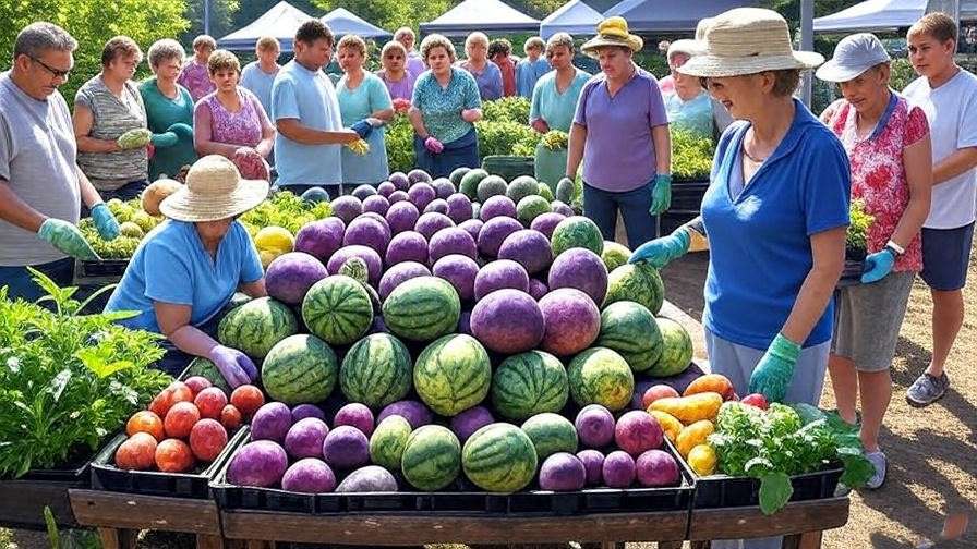 Community garden market stall with purple watermelons and happy gardeners. 