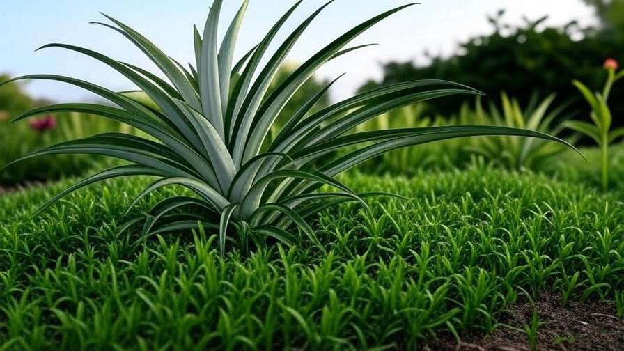 "Watermelon pineapple plant in tropical garden bed with mondo grass." 