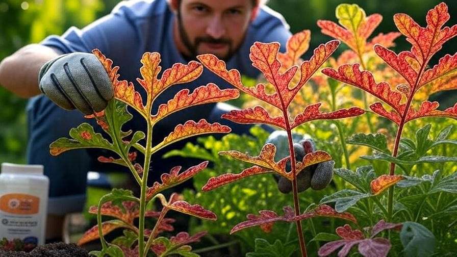 "Gardener inspecting colorful watermelon plant with yellowing leaves using a soil test kit in a garden.