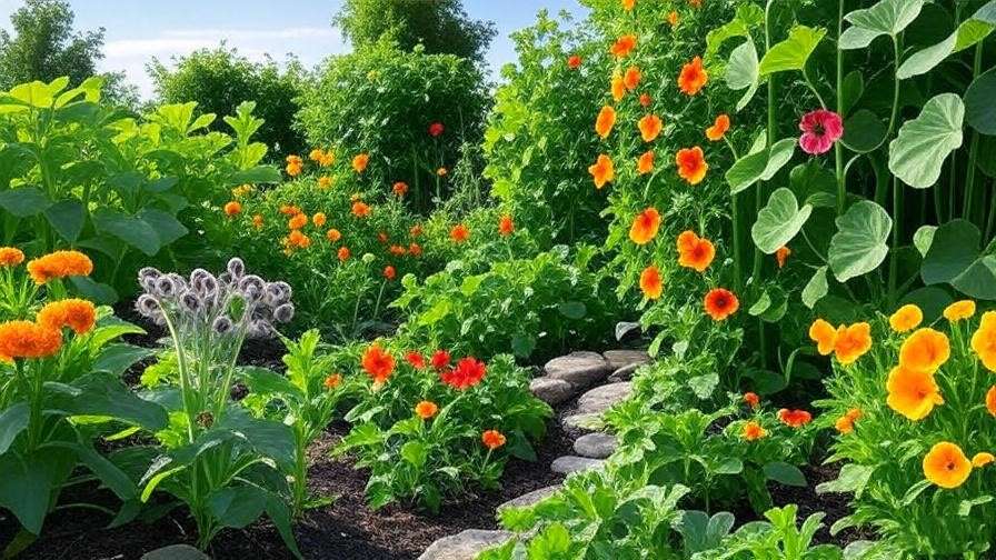 Companion plants like marigolds and borage with colorful watermelon vines for natural pest control