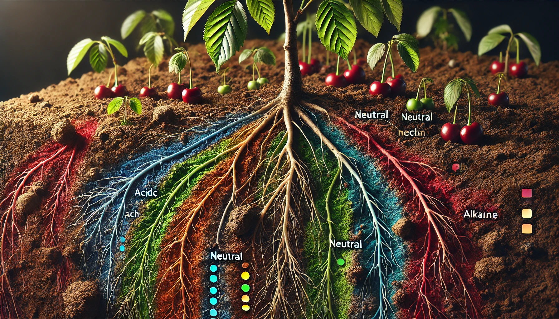 Colorful roots of a plant emerging from rich soil, showing various pH and nutrient levels, with cherries and green sprouts above.