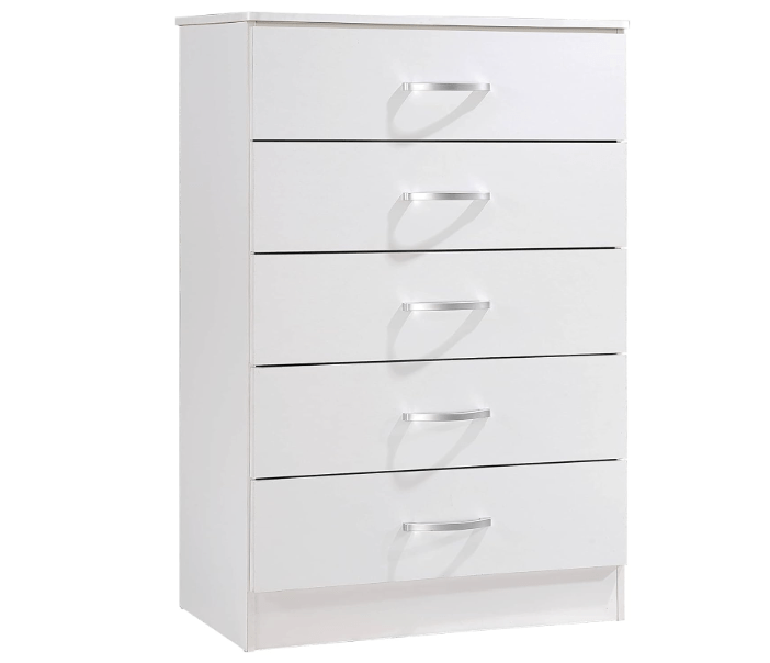  HODEDAH 5 Drawer Wood Dresser for Bedroom, Chest of Drawers with Metal Rails for Support when Storing Clothing, White