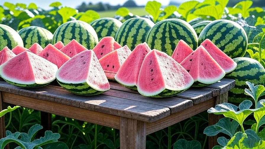 "Close-up of pink watermelon varieties on a garden table with green vines.