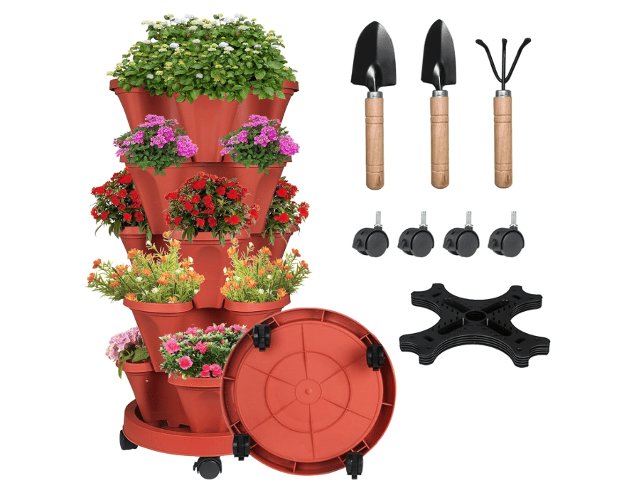  Vertical Strawberry Planter-5 Tier Stackable Herb Tower Planters Stacking Garden Planters Pot Outdoor with Tools Removable Wheels for Growing Flowers
