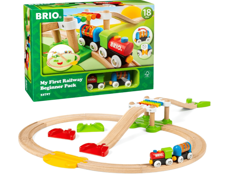 
BRIO My First Railway Beginner Pack - 18-Piece FSC-Certified Wood Train Set - Compatible with All BRIO Sets - Includes Rainbow Bridge & Rattle Wagon 