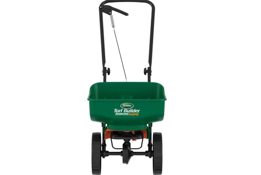  Scotts Turf Builder EdgeGuard Mini Broadcast Spreader for Seed, Weed and Feed, Fertilizer, Salt, Ice Melt, Push Spreader Holds up to 5,000 sq.ft. Product