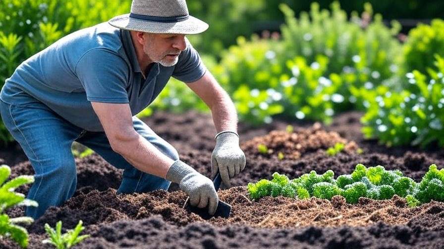 Gardener preparing loamy soil with compost in a sunny garden.