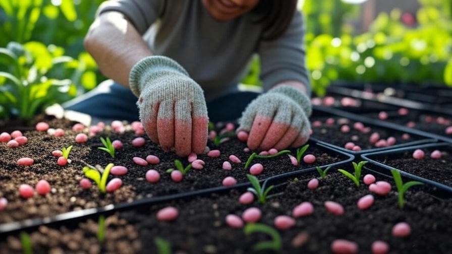 Step-by-step planting of pink watermelon seeds in trays and garden beds.