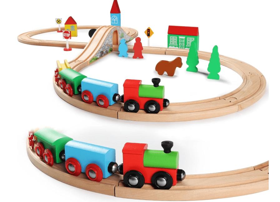
SainSmart Jr. Wooden Train Set for Toddler with Double-Side Train Tracks Fits Brio, Thomas, Melissa and Doug, Kids Wood Toy Train for 3,4,5 Year old Boys