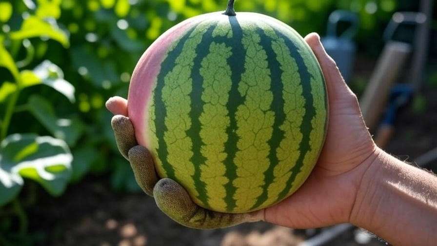 Hand harvesting a ripe pink watermelon with yellow underside