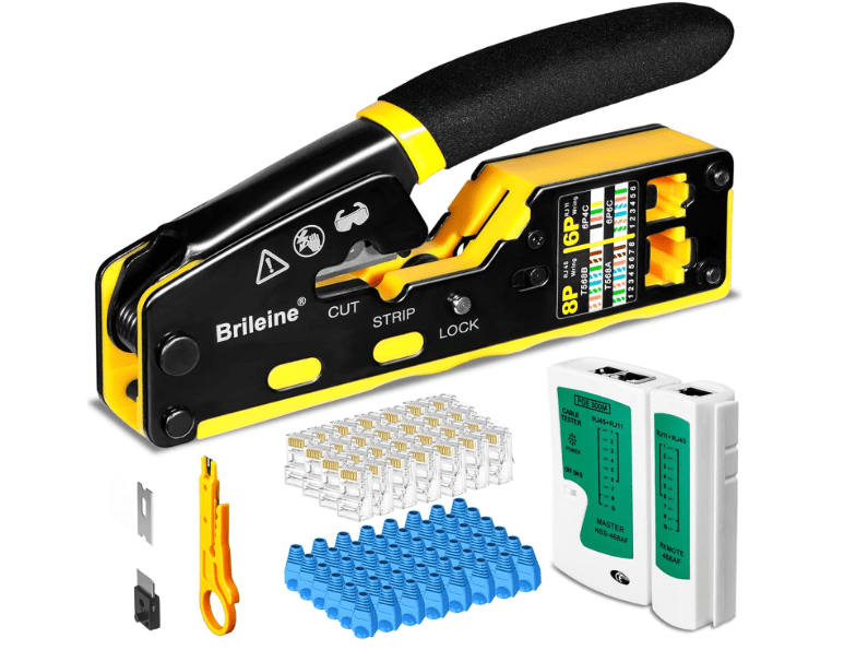 
Brileine RJ45 Crimp Tool Pass Through Kit Ethernet Crimper Cat5 Cat5e Cat6 Crimping Tool for RJ11/RJ12 6P/8P with Network Lan Cable Tester, 50PCS Cat6