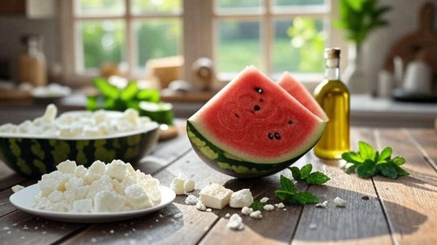 Cut pink watermelon with salad ingredients on a kitchen table.