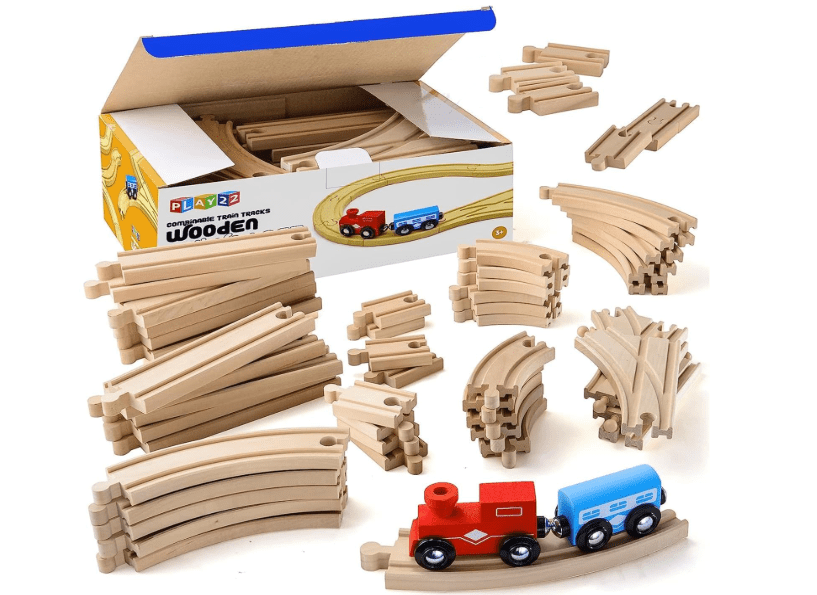 Play22 Wooden Train Tracks - 52 PCS + 2 Bonus Car Toy Trains - for Kids is Compatible with Thomas Wooden Railway Systems and All Major Brands - Original