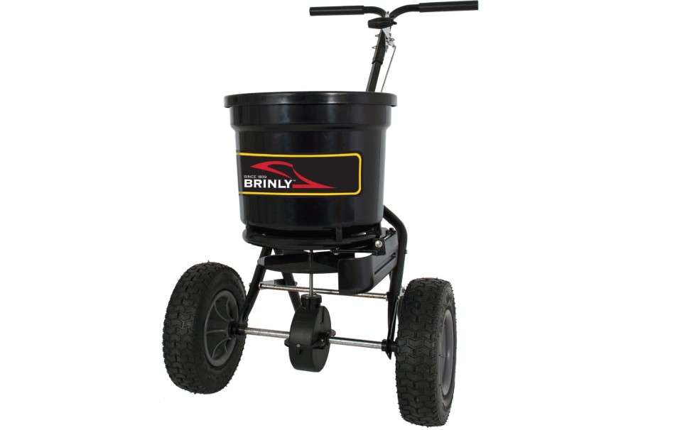  Brinly P20-500BHDF-A Push Spreader with Side Deflector Kit and Hopper Grate, 50 lb. Capacity, Matte Black