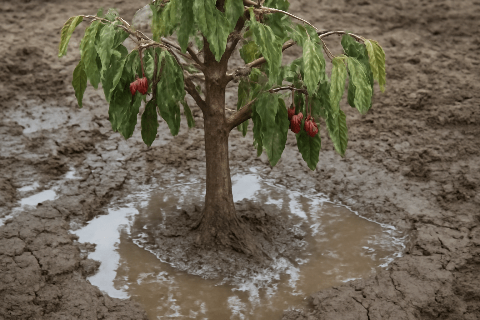 A small tree stands in a muddy field with cracked earth, surrounded by a puddle. Its drooping leaves and red fruit suggest a struggle for survival.