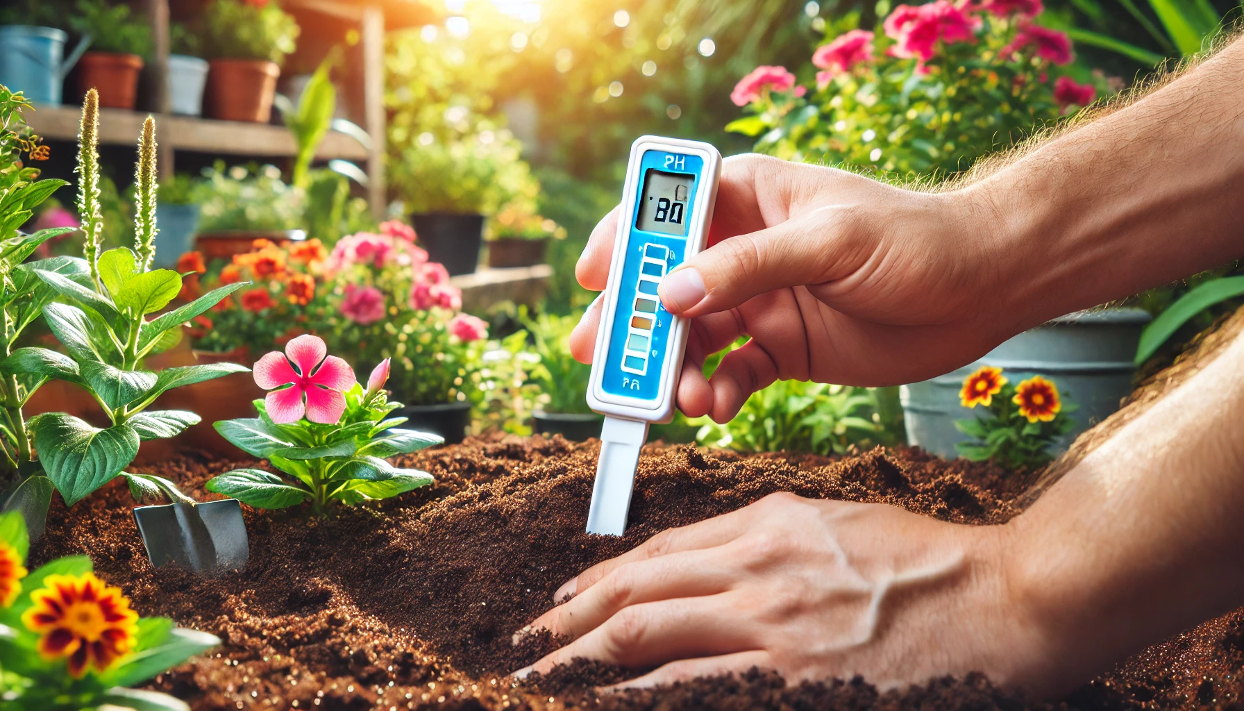 A person uses a pH meter in a garden, testing soil next to colorful flowers in brightly lit surroundings.