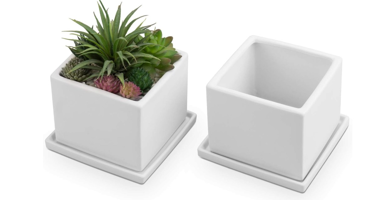 
MyGift Modern White Ceramic Small Plant Pot, Decorative Square Flower Succulent Planter, Set of 2
