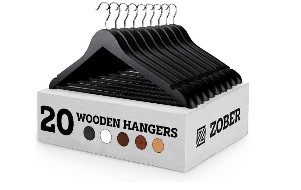 ZOBER Wooden Hangers - 20 Pack, Heavy Duty, Non Slip Wood Hangers for Coats, Jackets, Suits, & Pants - Clothes Hangers for Closet W/ Bar and Notches