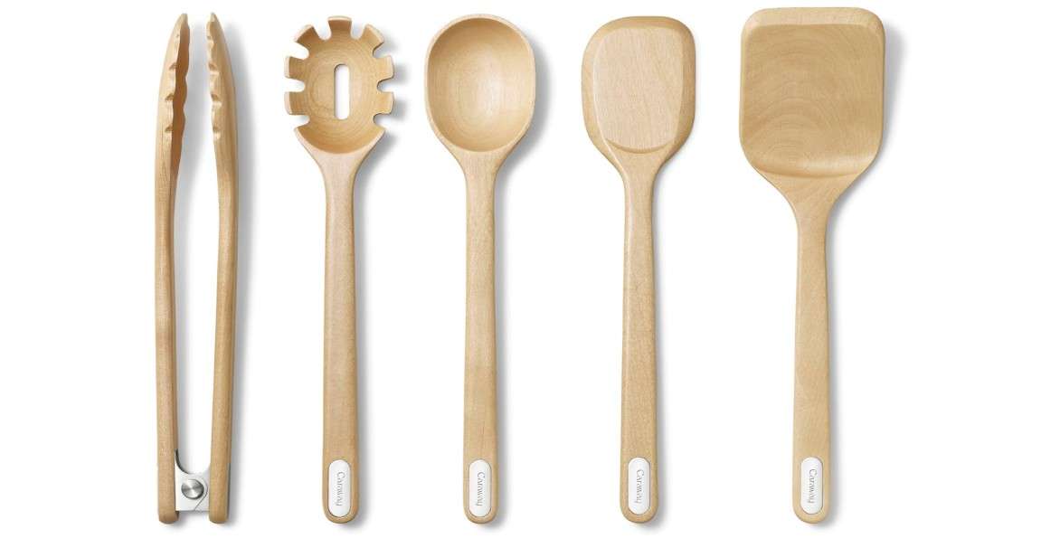 Caraway Wooden Utensil Set - 5 Piece Cooking Utensil Set - Spoon, Server, Scraper, Spatula, & Tongs - Made From FSC-Certified Birch Wood - No Microplastics