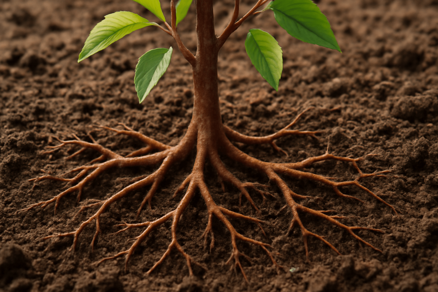 Close-up of a young tree with vibrant green leaves and intricate, exposed roots, set against rich brown soil.