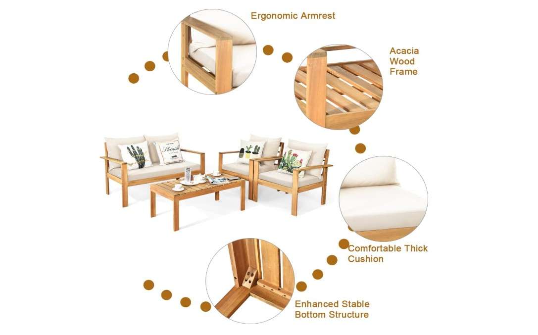  COSTWAY 4 Pieces Outdoor Acacia Wood Sofa Set, Outdoor Conversation Sofa Set with Table & Cushions Porch Chairs for Garden, Patio, Deck
