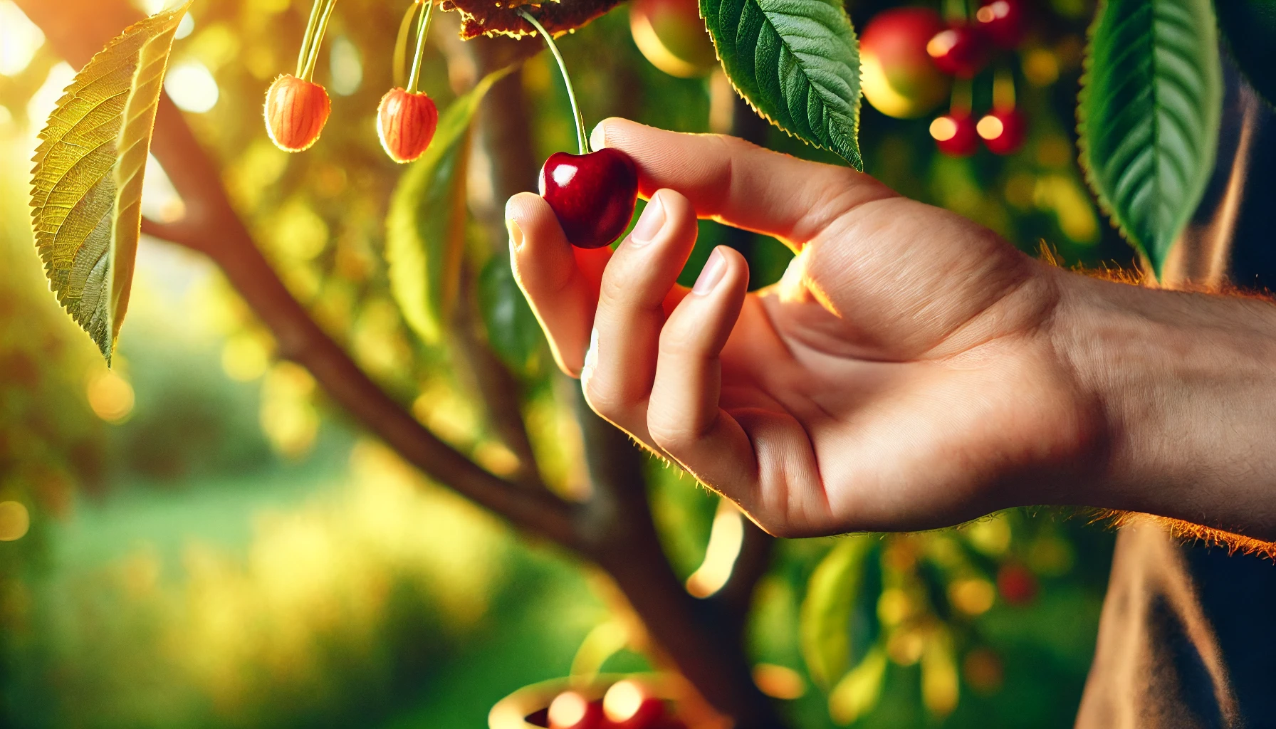 A hand gently holds a ripe cherry, surrounded by lush green leaves and soft sunlight illuminating a cherry tree.