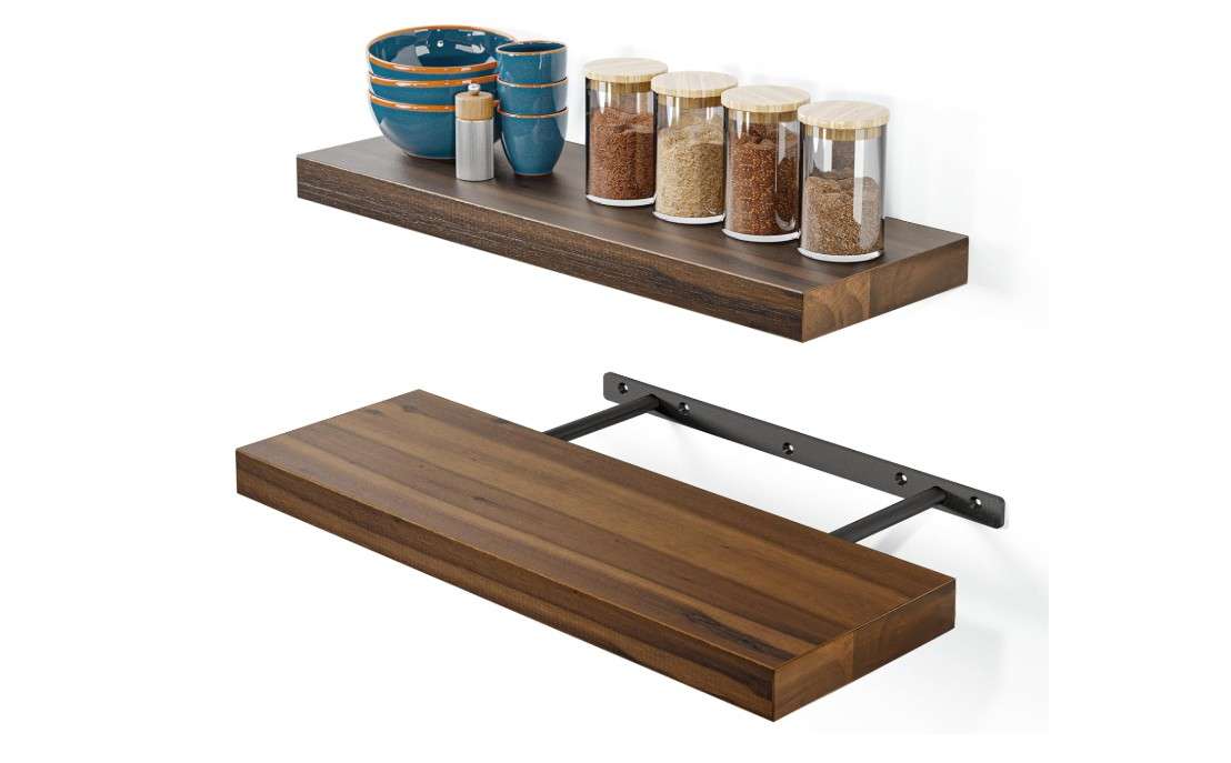 BATODA Set of 2 17" Acacia Wood Floating Shelves Wall Mounted – Rustic Farmhouse Wooden Wall Storage Shelf Bedroom, Kitchen, Home Décor - Brackets and...