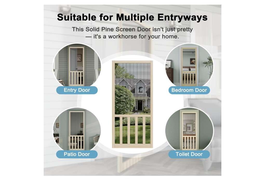  Front Wooden Screen Door for Swing Doors，32x80 Inch Solid Pine French Style with Universal Hinged Gauze Mesh Screen Door for