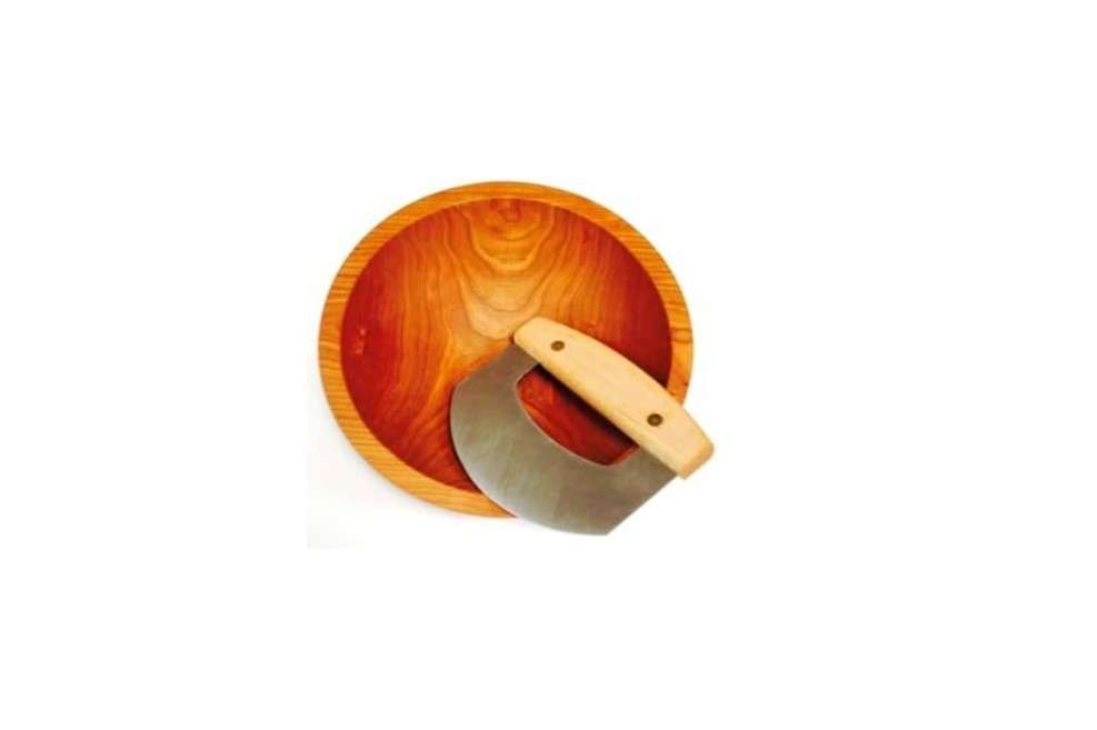 Small Solid Cherry 9 Inch Chopping Bowl and Mezzaluna Knife Set