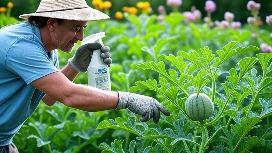 "Gardener inspecting blue watermelon plant for aphids with organic pest spray." 