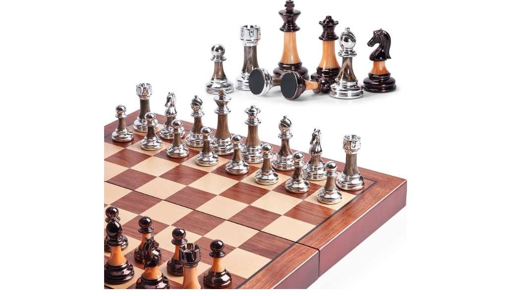  VAMSLOVE Chess Set Large 16''/42cm Folding Wooden Board with Deluxe Weighted Acrylic Chess Pieces - 3.5" King with Storage Slots for Adults