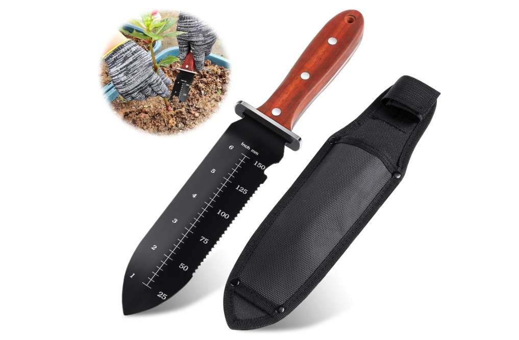  L.DROPLET Hori Hori Garden Knife, Garden Tools with Sheath for Planting,Weeding,Digging, 7" Stainless Steel Soil Knife with Cutting Edge, Full Tang Wood