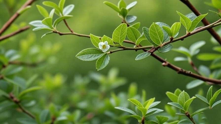 Close-up of a healthy Japanese blueberry tree branch with green leaves and white flower.