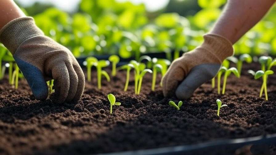 Gardener planting bulk watermelon seeds in well-prepared soil with seedling tray in background