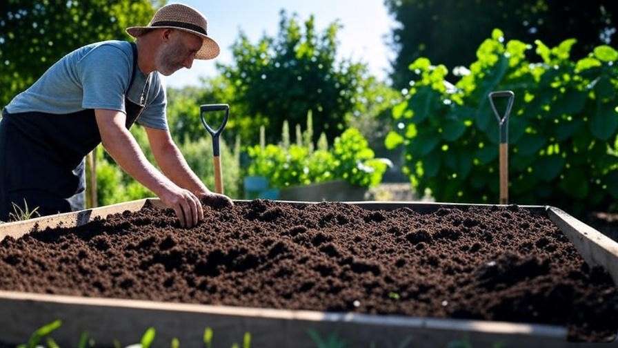 Gardener preparing compost-amended soil for Crimson Sweet watermelon in a raised bed." 