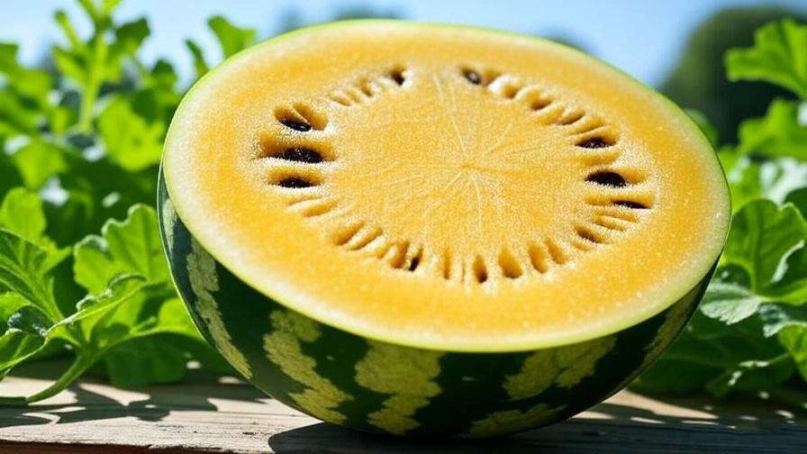 Freshly cut yellow watermelon with golden flesh and seeds in a sunny garden