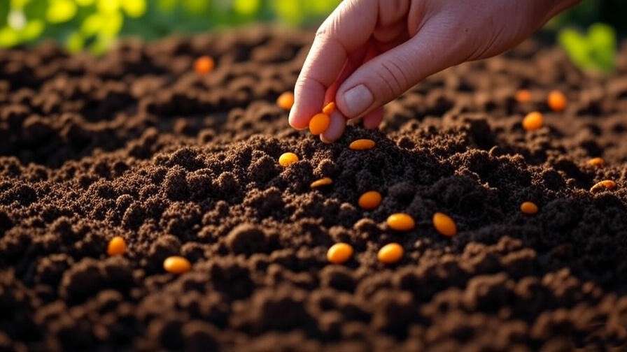 "Close-up of planting Orangeglo watermelon seeds in rich compost soil in a sunny garden". 