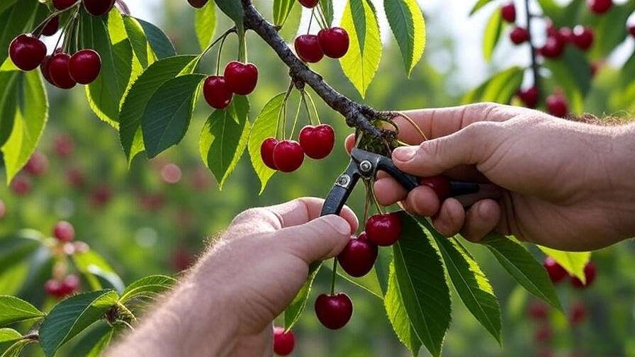 Hand picking ripe cherries from a tree branch with pruning shears in an orchard."
