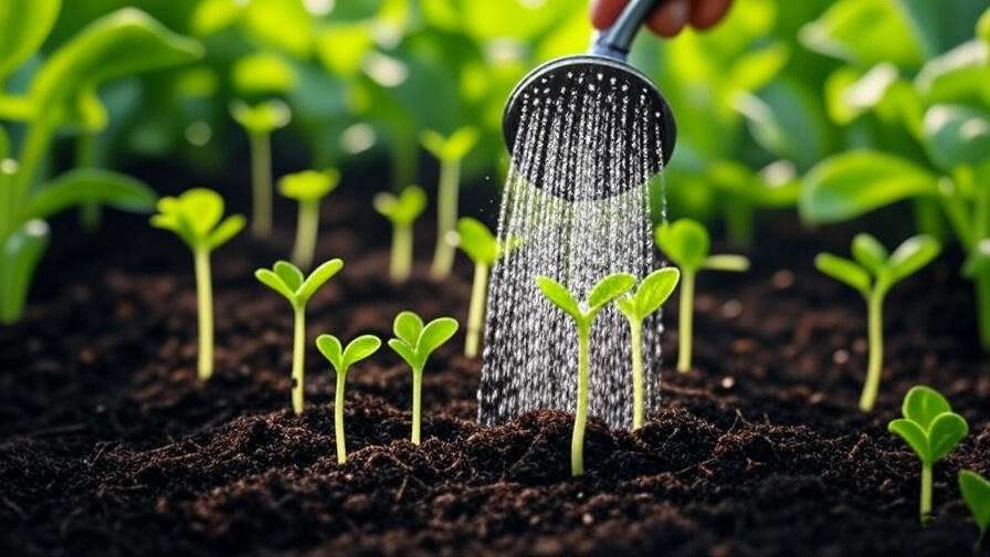 "Watering young Crimson Sweet watermelon seedlings in a mulched garden row." 
